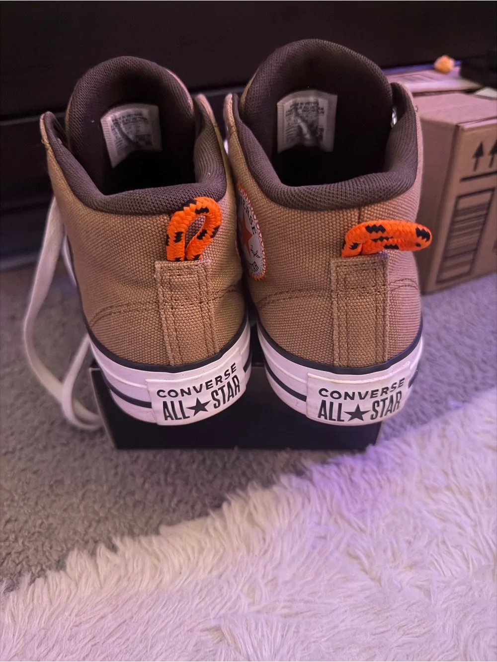 Converse Kids Tan High Top Sneakers with Orange Loop